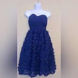 Navy Blue Strapless Flower Appliqué Full Skirt Party Dress by London Dress Co.